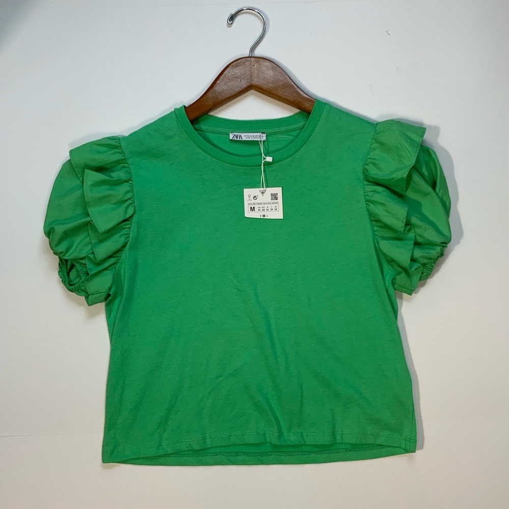 Zara Emerald Green Ruffle Puff Sleeves Top Sz M Stretch Blouse - Picture 4 of 10